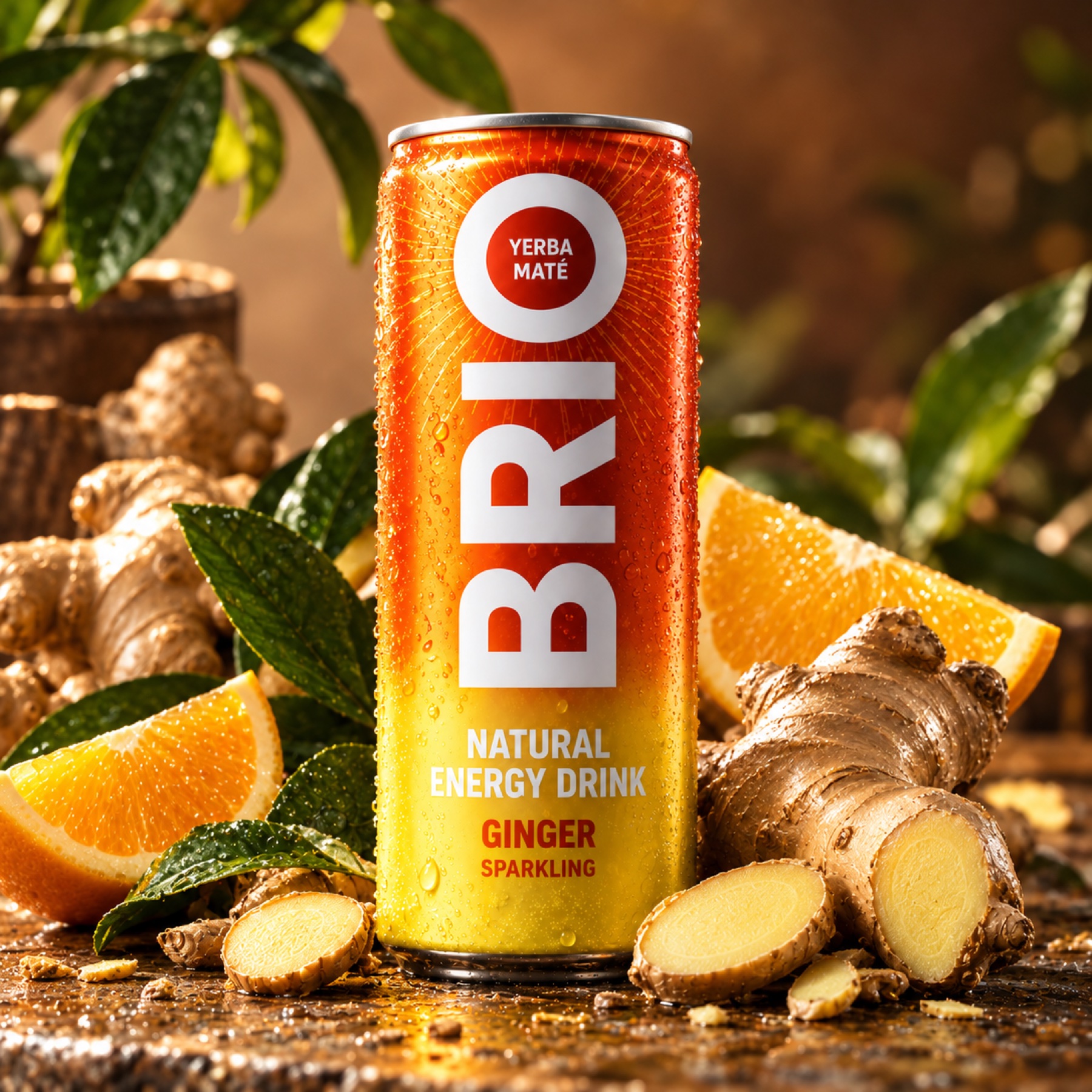 Canette BRIO gingembre photographiée avec des ingrédients