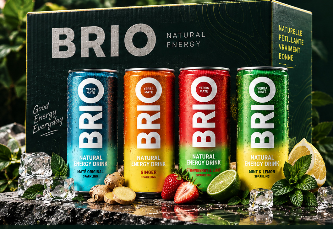 La gamme de canettes BRIO et son coffret découverte, réunis dans une photographie de campagne